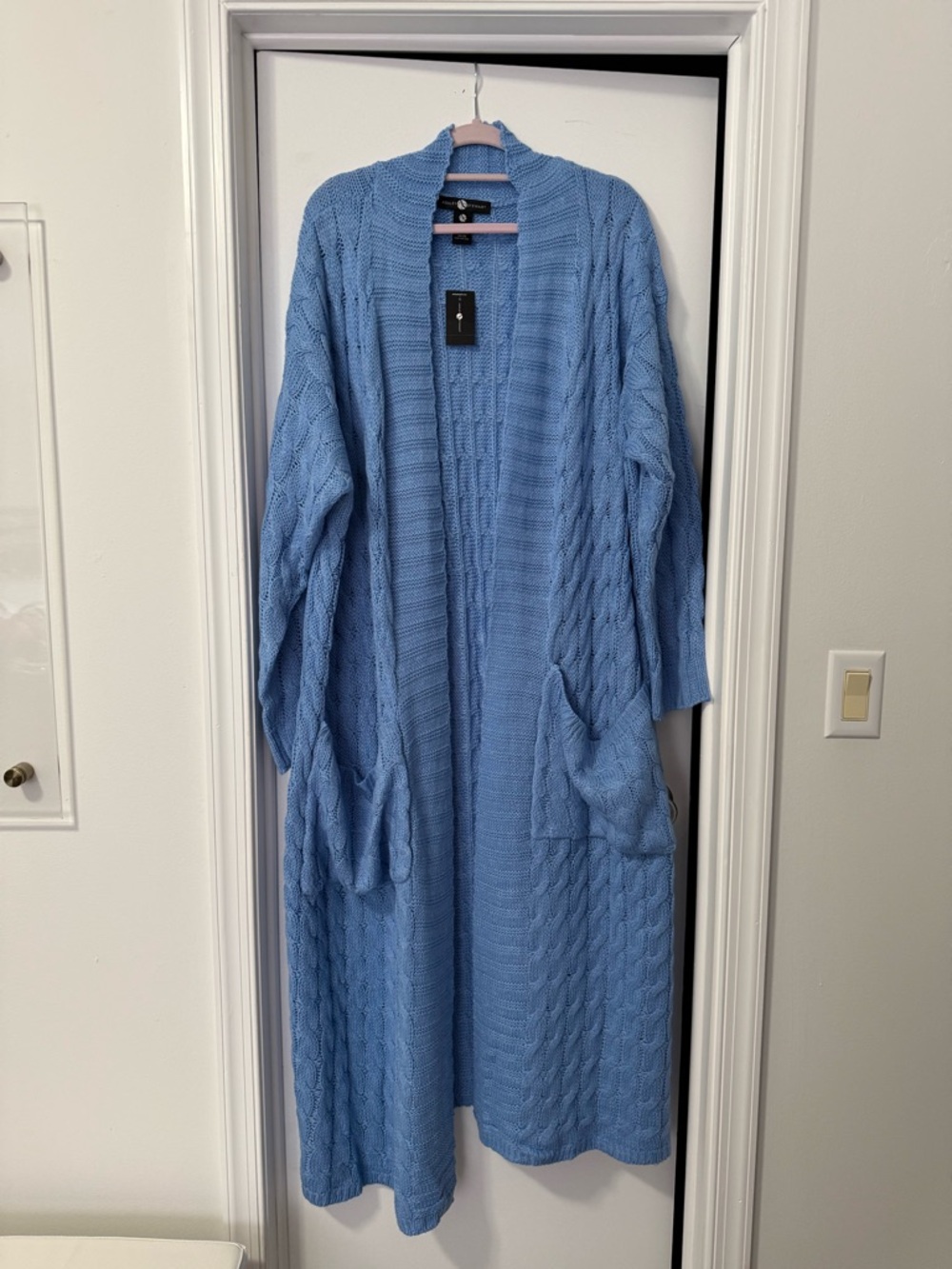 NWT Ashley Stewart Blue cable knit sweater duster cardigan 26/28 Frozen Fjord